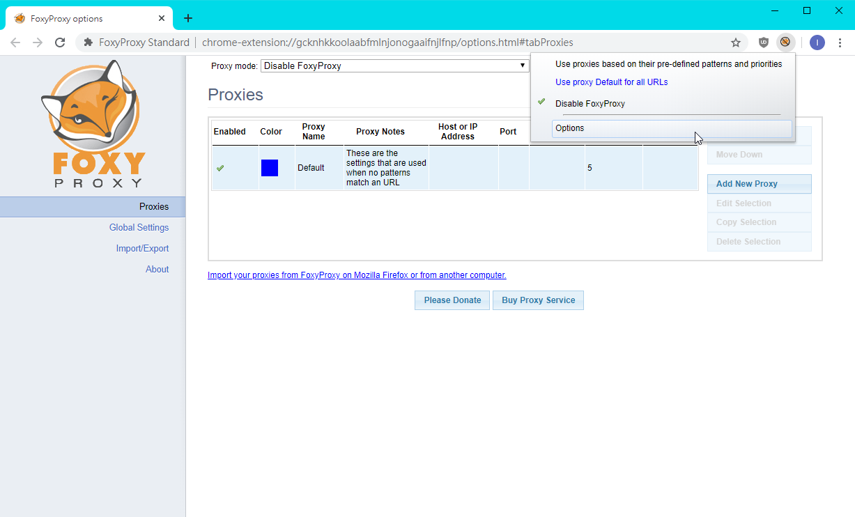 開啟 FoxyProxy 設定 / Open "options" of FoxyProxy